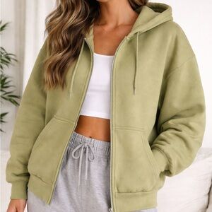 Sage Green Oversized Zip-Up Hoodie – Size S (Fits Oversized)